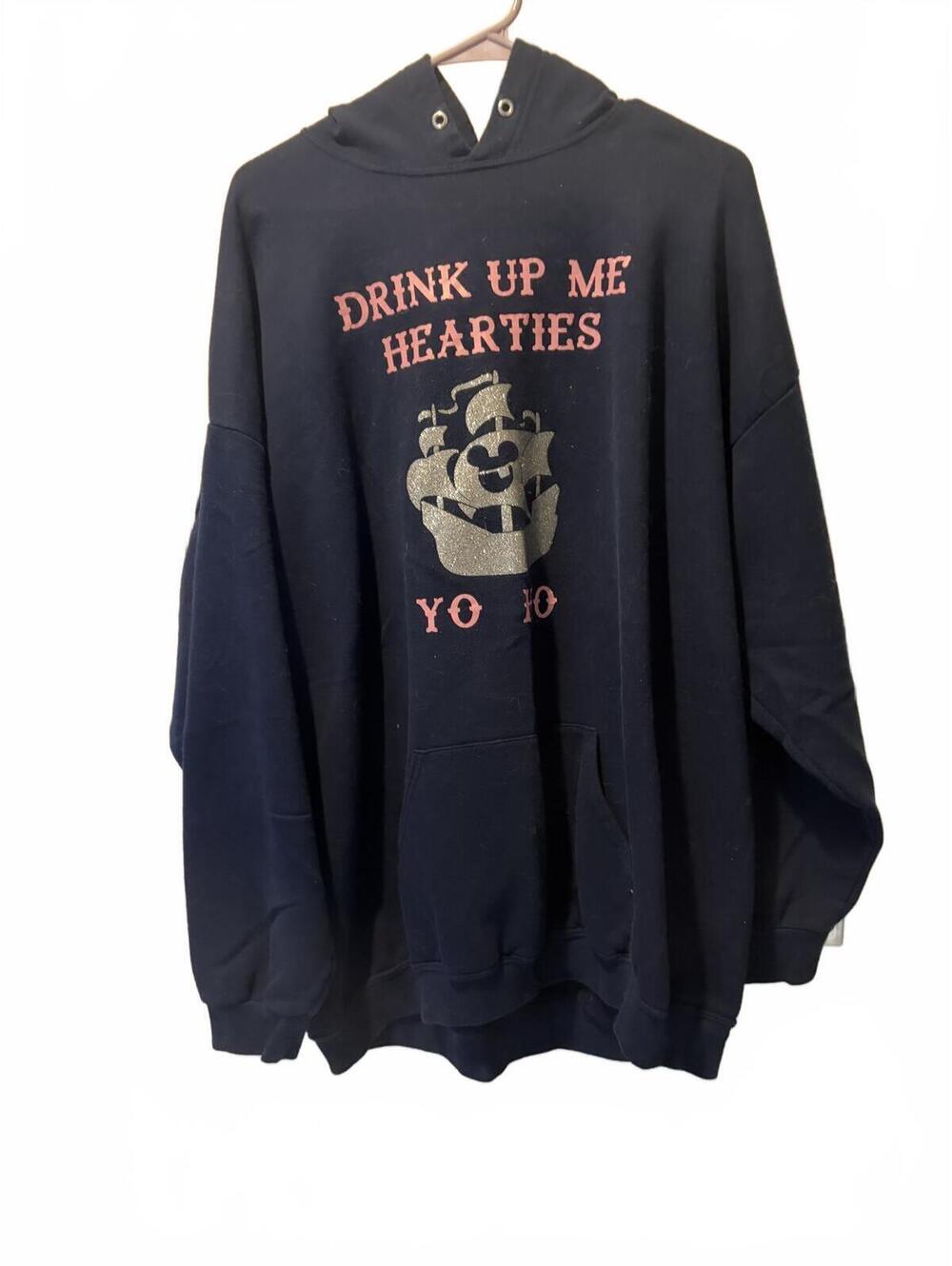 Navy Pirate Ship Mickey Graphic Hooded Sweatshirt "Drink Up Me Hearties Yo Ho"